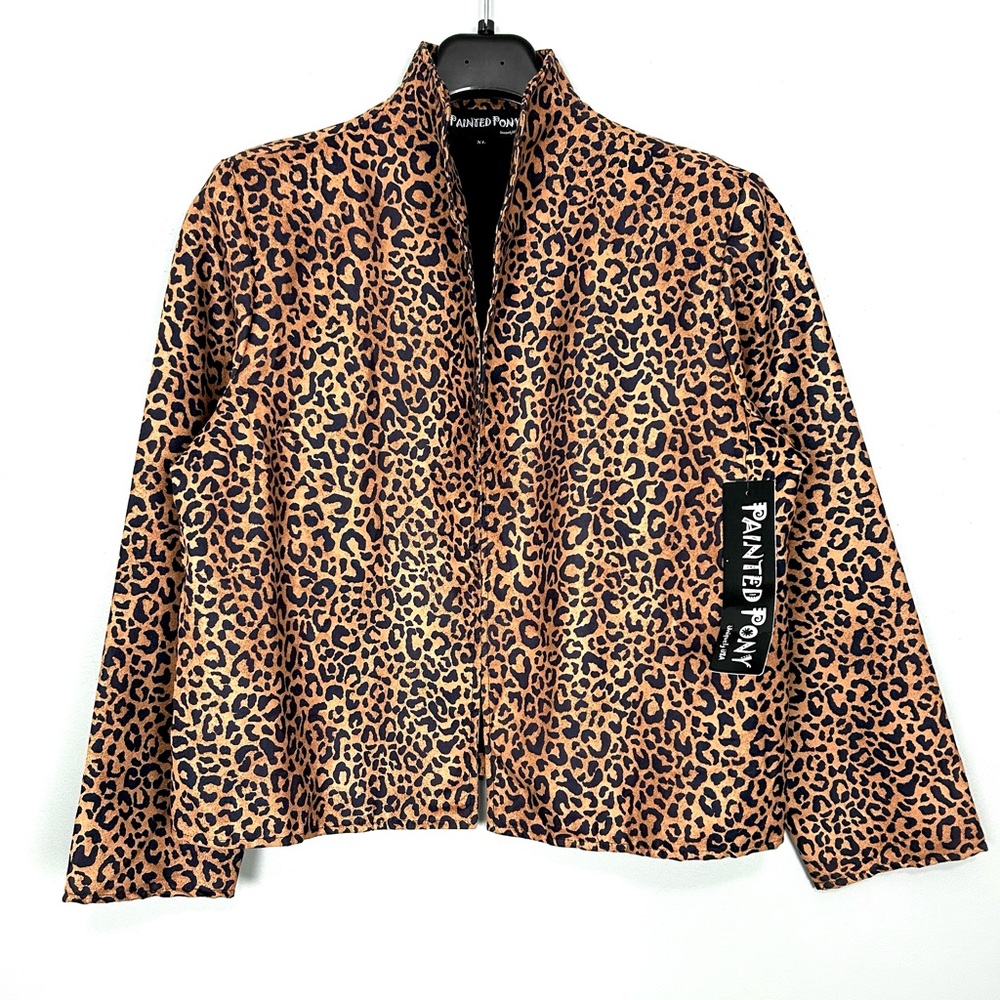 Painted Pony Leopard Print Jacket Women’s Size XL Open Front Microfiber Tawny